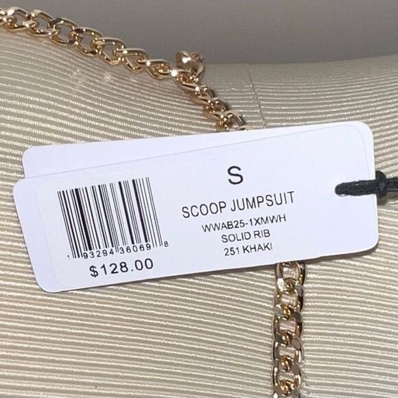 WeWoreWhat Solid Rib Scoop Jumpsuit in Khaki with Gold Chain Belt - Picture 6 of 16